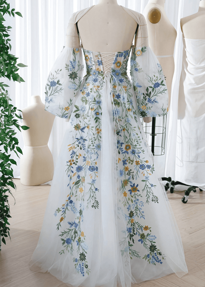 Jasmine | Gorgeous White Floral Strapless Long Sleeve Wedding Dress with Detachable Sleeves - White Floral - PromDressClub