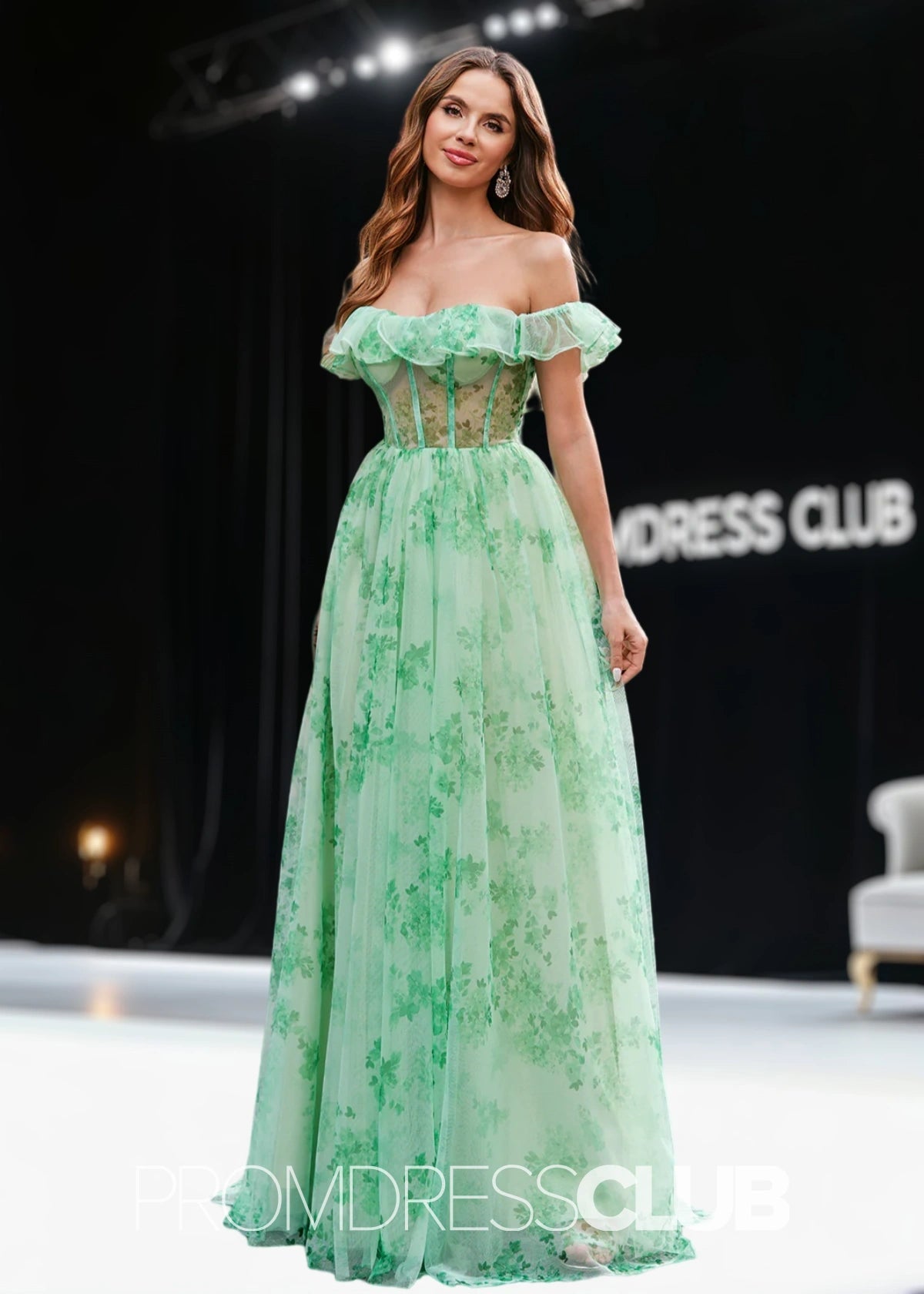 Jean | A Line Green Floral Long Prom Dress - Green Floral - PROMDRESS Club