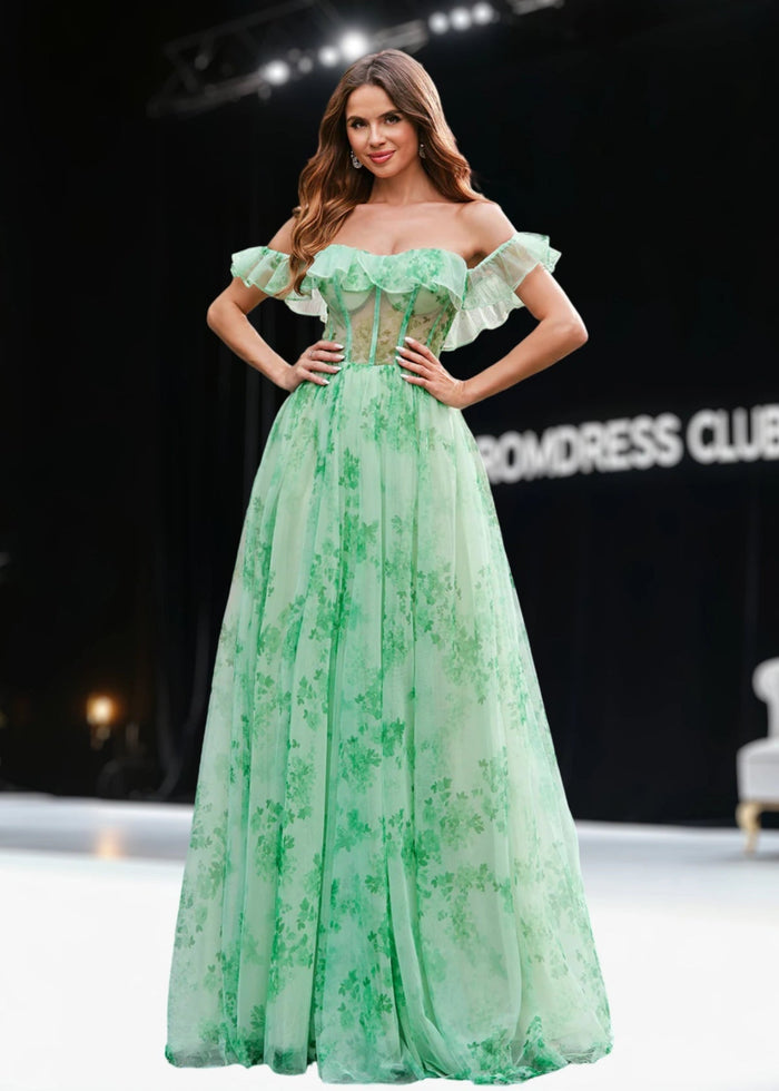 Jean | A Line Green Floral Long Prom Dress - Green Floral - PromDressClub
