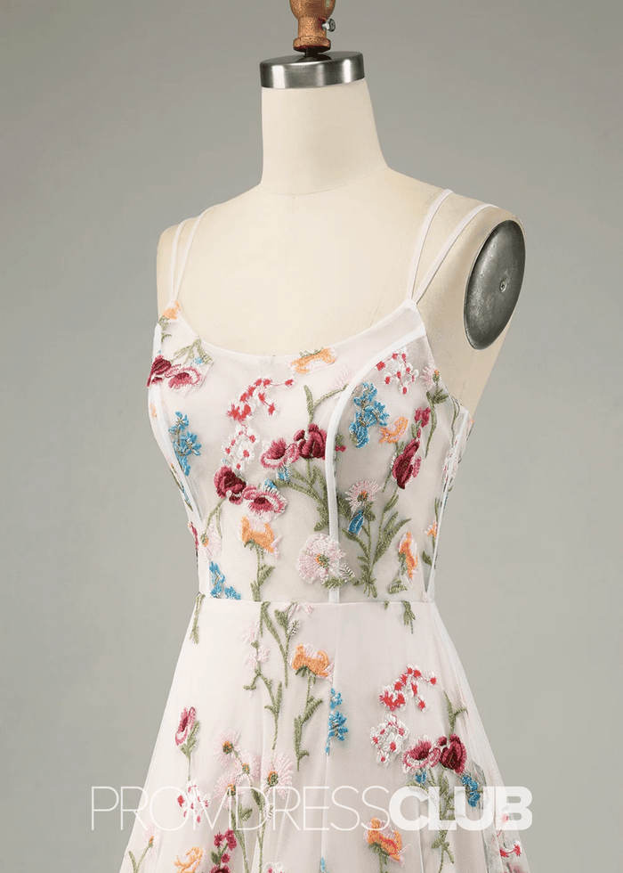 Jean | Ivory Flower A - Line Spaghetti Straps Maxi Formal Dress with Slit - Price #price_variant_lowest# - Ivory Floral - PromDressClub