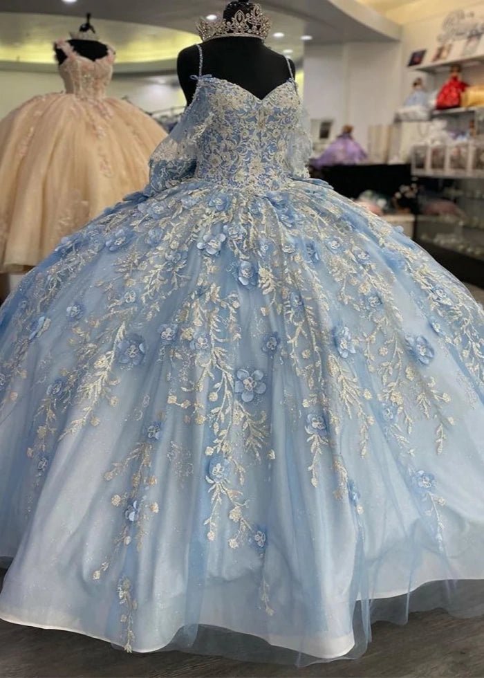 Jeanette | Exquisite Blue and Gold Quince Dresses with Glitter Elegance - Light Blue - PromDressClub