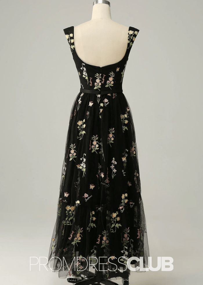 Jennifer | Light Purple Floral A Line Sweetheart Midi Prom Dress - Price #price_variant_lowest# - Black Floral - PromDressClub