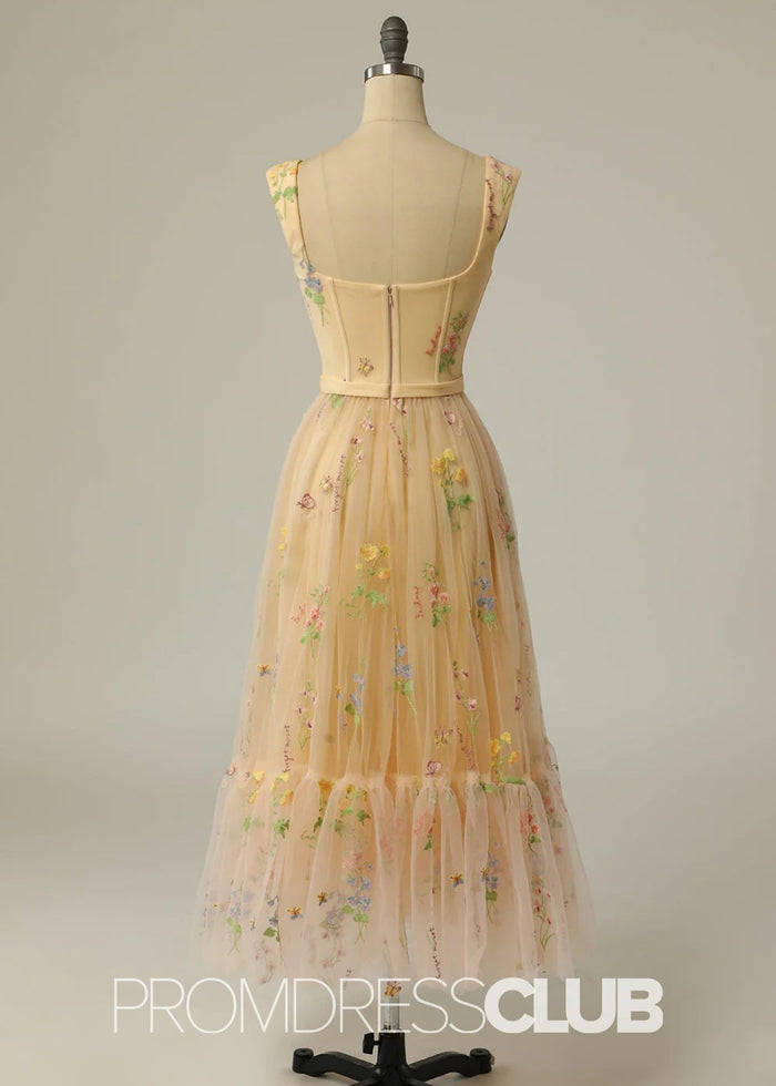 Jennifer | Light Purple Floral A Line Sweetheart Midi Prom Dress - Price #price_variant_lowest# - Champagne Floral - PromDressClub