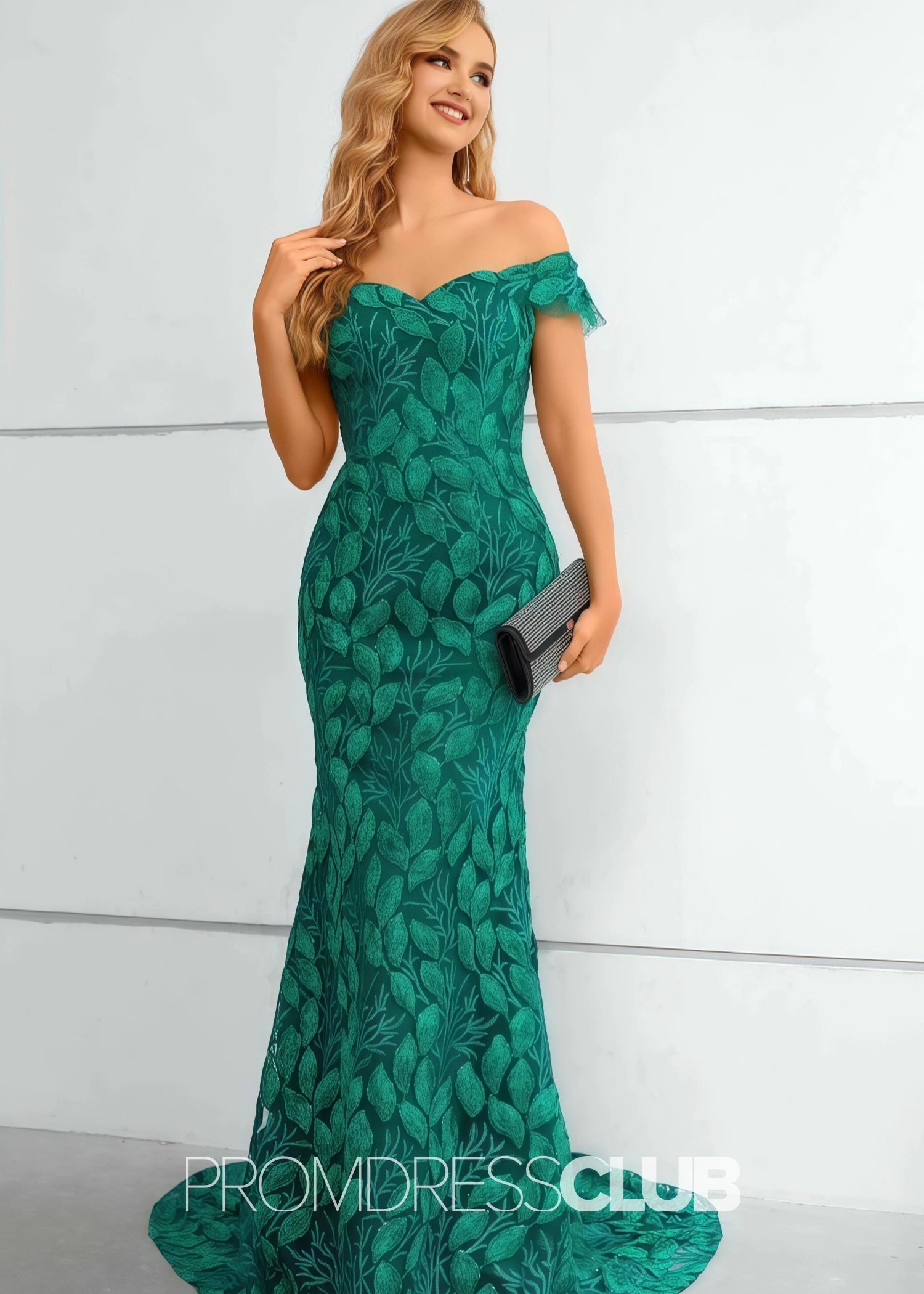 Jennifer |Long Green Prom Dresses Near Me With Mermaid Lace Off The Shoulder - Green - US0 - PromDressClub