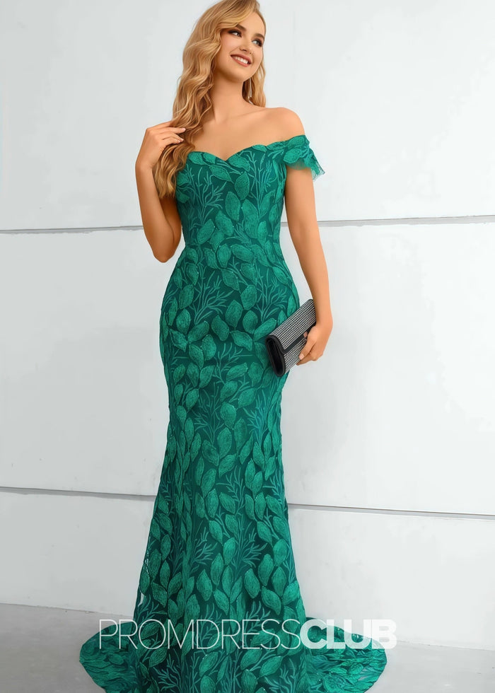 Jennifer |Long Green Prom Dresses Near Me With Mermaid Lace Off The Shoulder - Price #price_variant_lowest# - Green - PromDressClub
