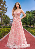 Jenny | Pink Floral A - Line Corset Slit Maxi Prom Dress - Pink Floral - PROMDRESS Club