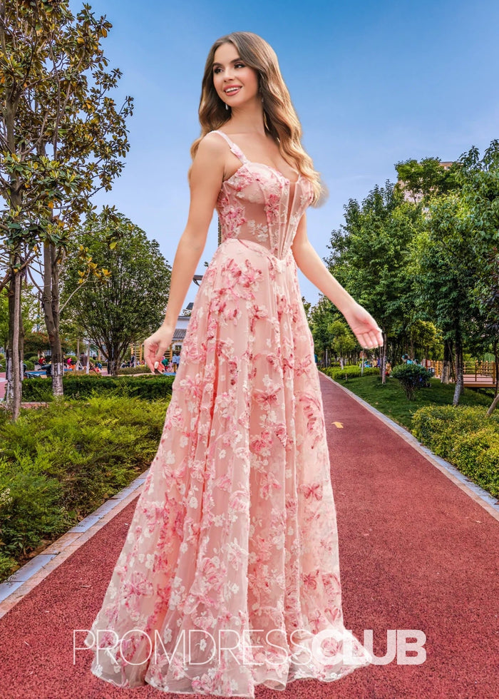 Jenny | Pink Floral A - Line Corset Slit Maxi Prom Dress - Price #price_variant_lowest# - Pink Floral - PromDressClub