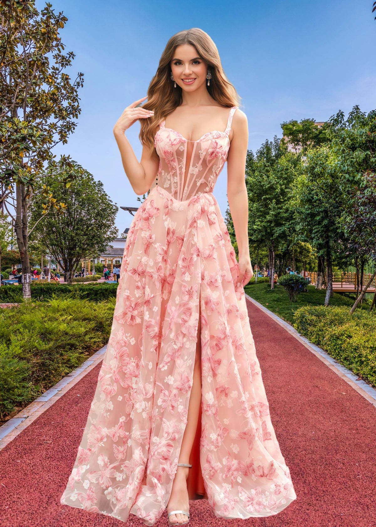 Jenny | Pink Floral A - Line Corset Slit Maxi Prom Dress - Pink Floral - PROMDRESS Club