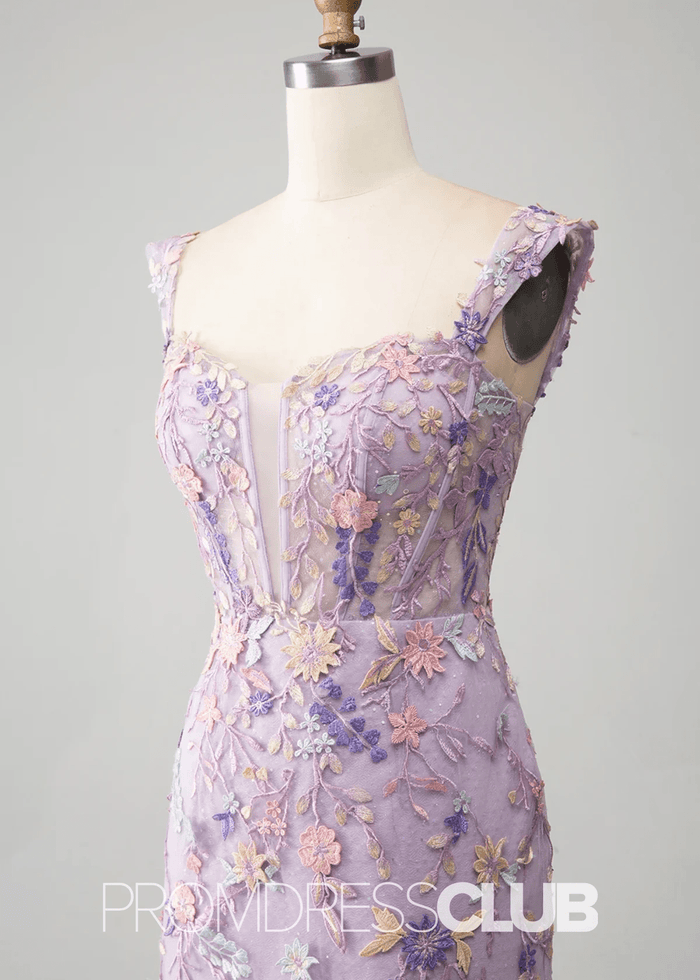 Jessica | Light Purple Floral Mermaid Embroidered Long Prom Dress - Light Purple Floral - PromDressClub
