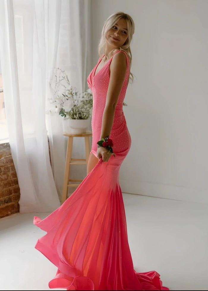 Jessica | Royal Blue Glitter Trumpet Mermaid Beaded Prom Dress with Train - Light Pink - PromDressClub