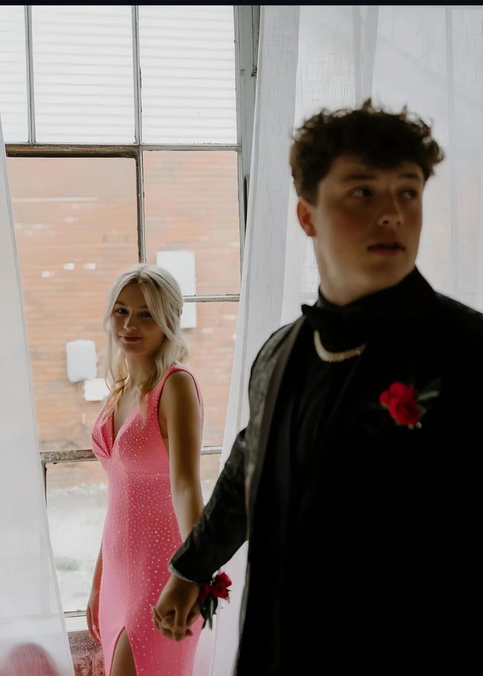 Jessica | Royal Blue Glitter Trumpet Mermaid Beaded Prom Dress with Train - Light Pink - PromDressClub