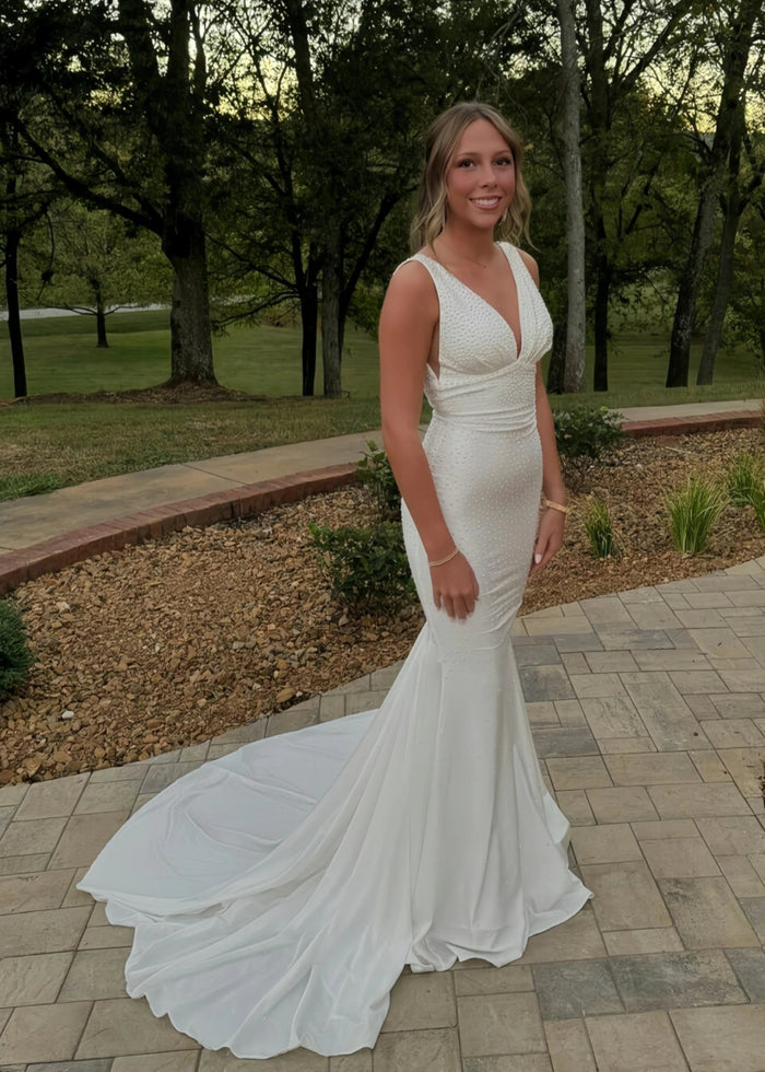 Jessica | Royal Blue Glitter Trumpet Mermaid Beaded Prom Dress with Train - White - PromDressClub