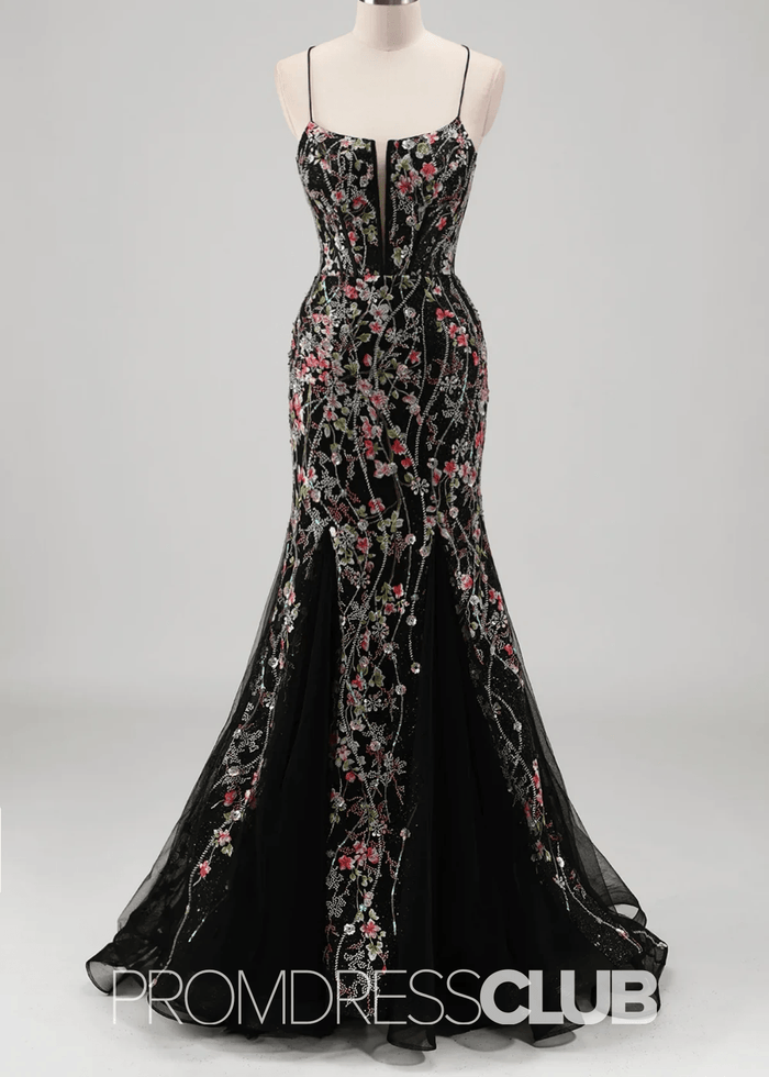 Jill | Light Blue Floral Mermaid Embroidered Tulle Prom Dress - Price #price_variant_lowest# - Black Floral - PromDressClub