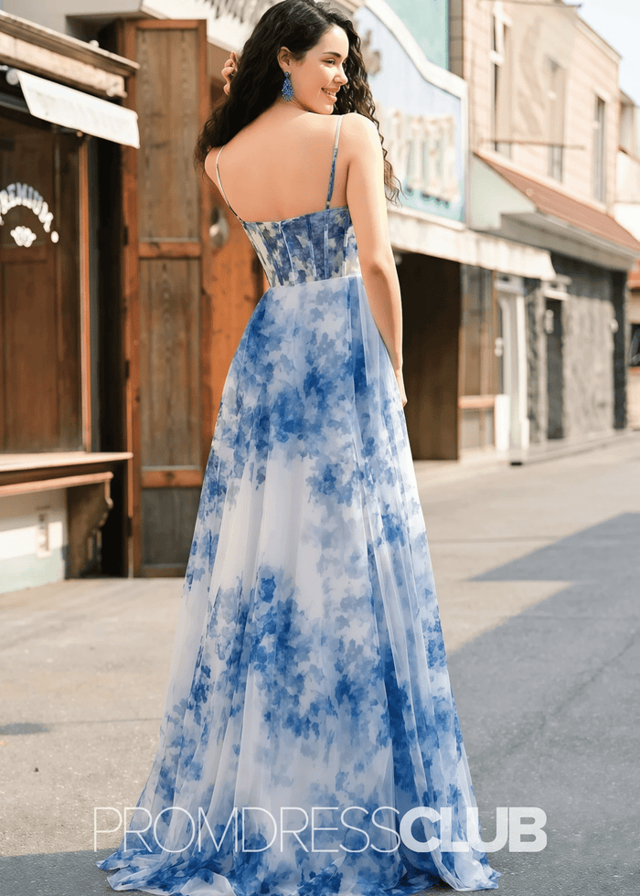 Jo | White Blue Flower A Line Ruched Corset Maxi Prom Dress - Price #price_variant_lowest# - Blue Floral - PromDressClub