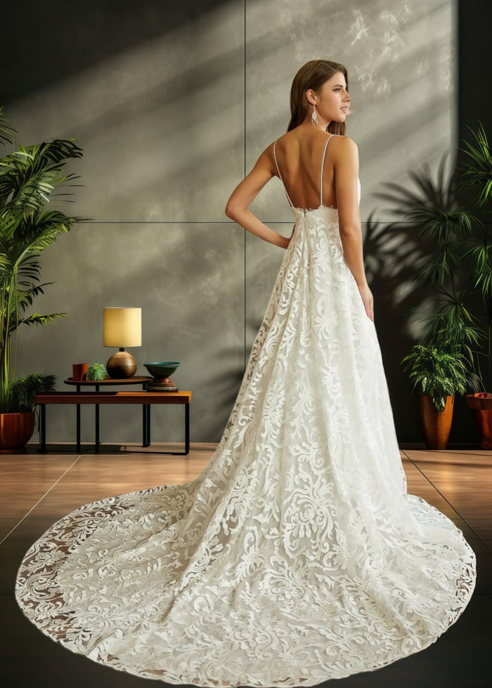Joan | A Line Spaghetti Strap V Neck Backless Lace Wedding Dress with High Slit - Modern Elegance for Brides - Ivory - PromDressClub