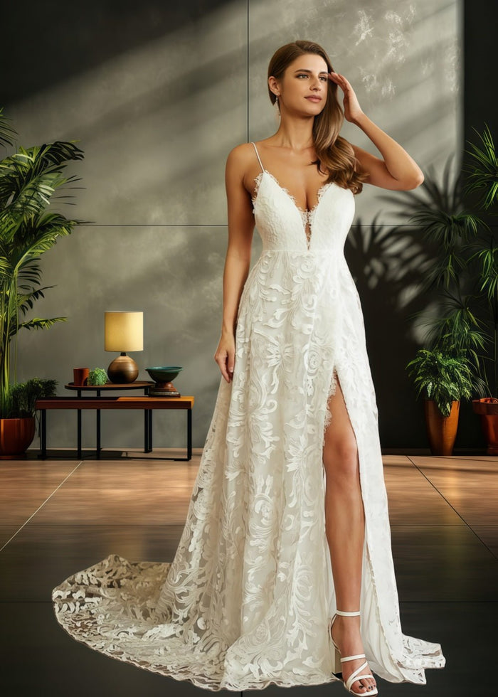Joan | A Line Spaghetti Strap V Neck Backless Lace Wedding Dress with High Slit - Modern Elegance for Brides - Ivory - PromDressClub