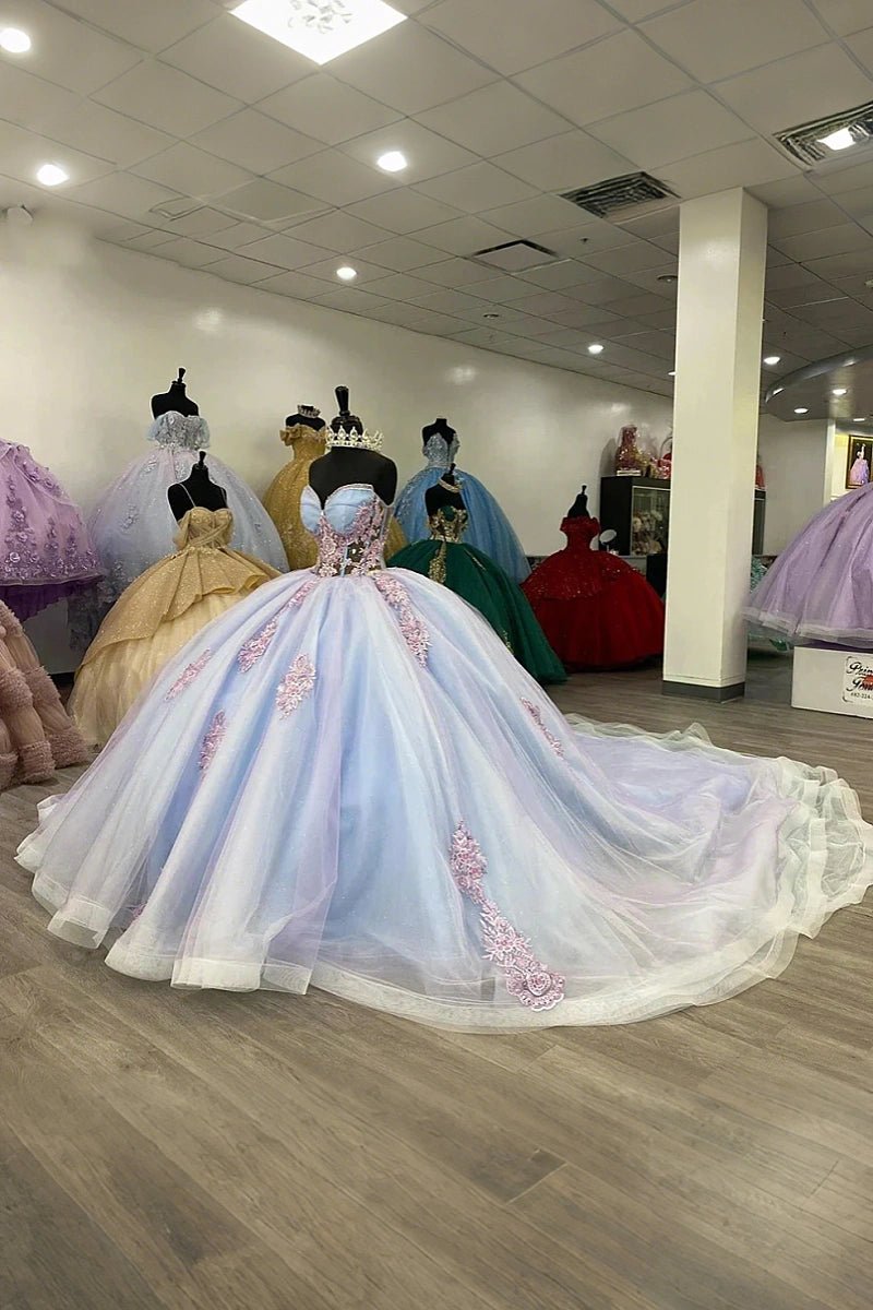 Joan | Discover the Ultimate Blue Quinceañera Dresses with Corset Details – Elevate Your Big Day! - Light Blue - PromDressClub