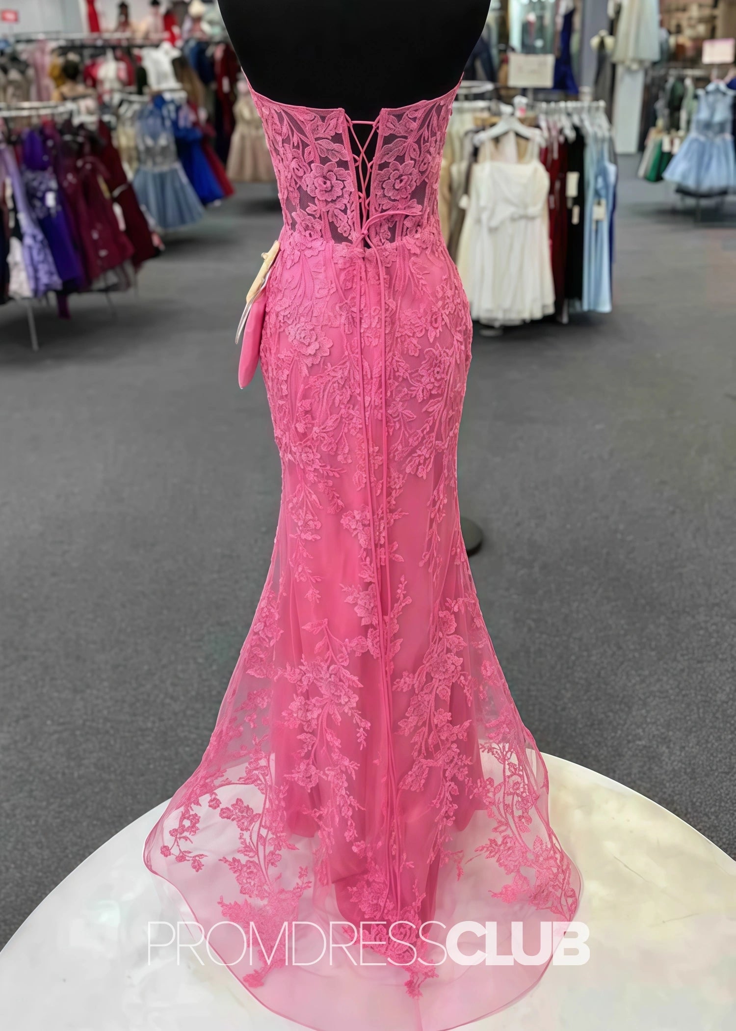 Joan |Long Pink Prom Dresses Near Me With Sweetheart Strapless Lace Appliques Mermaid - Pink - US0 - PromDressClub