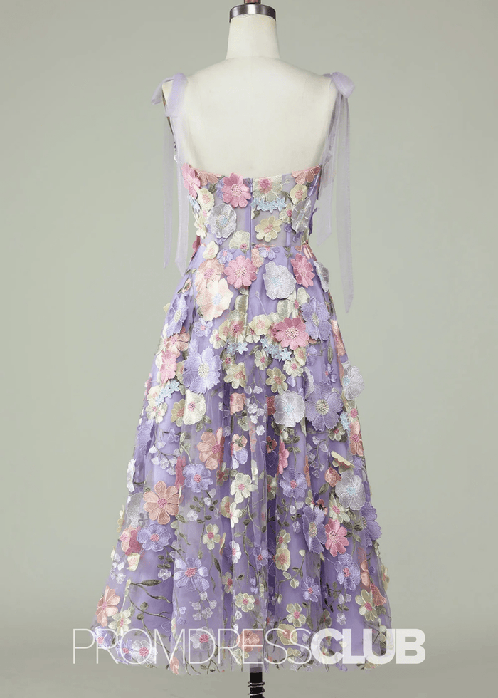 Joan | Spaghetti Straps A Line Purple Midi Prom Dress - Price #price_variant_lowest# - Purple Floral - PromDressClub