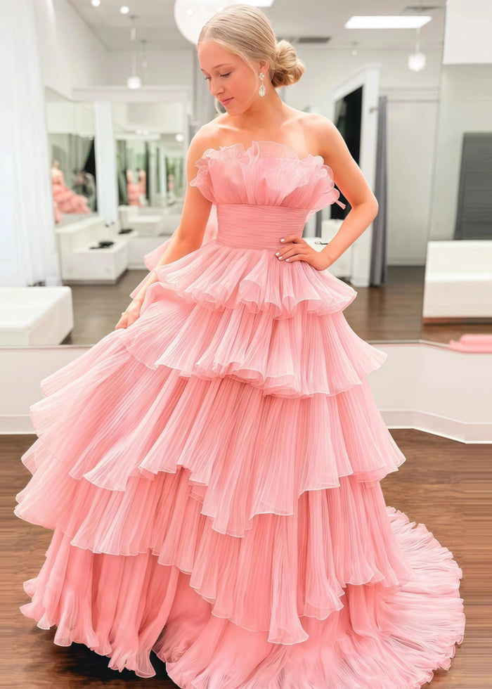 Joanna | A Line Royal Blue Light Pink Strapless Corset Formal Dress with Ruffle - Light Pink - PromDressClub