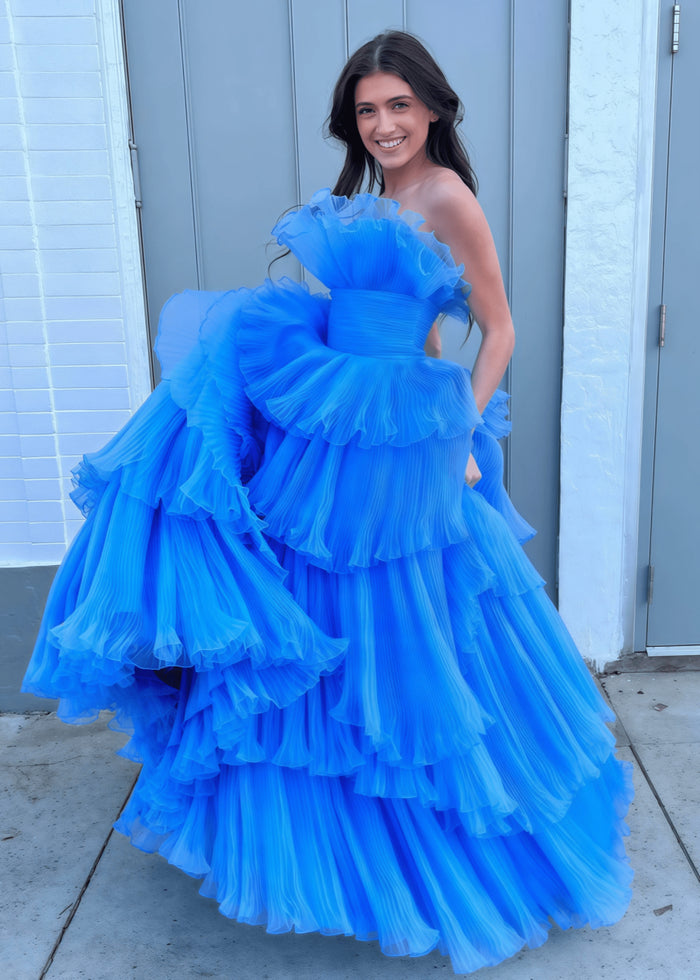 Joanna | A Line Royal Blue Light Pink Strapless Corset Formal Dress with Ruffle - Royal Blue - PromDressClub
