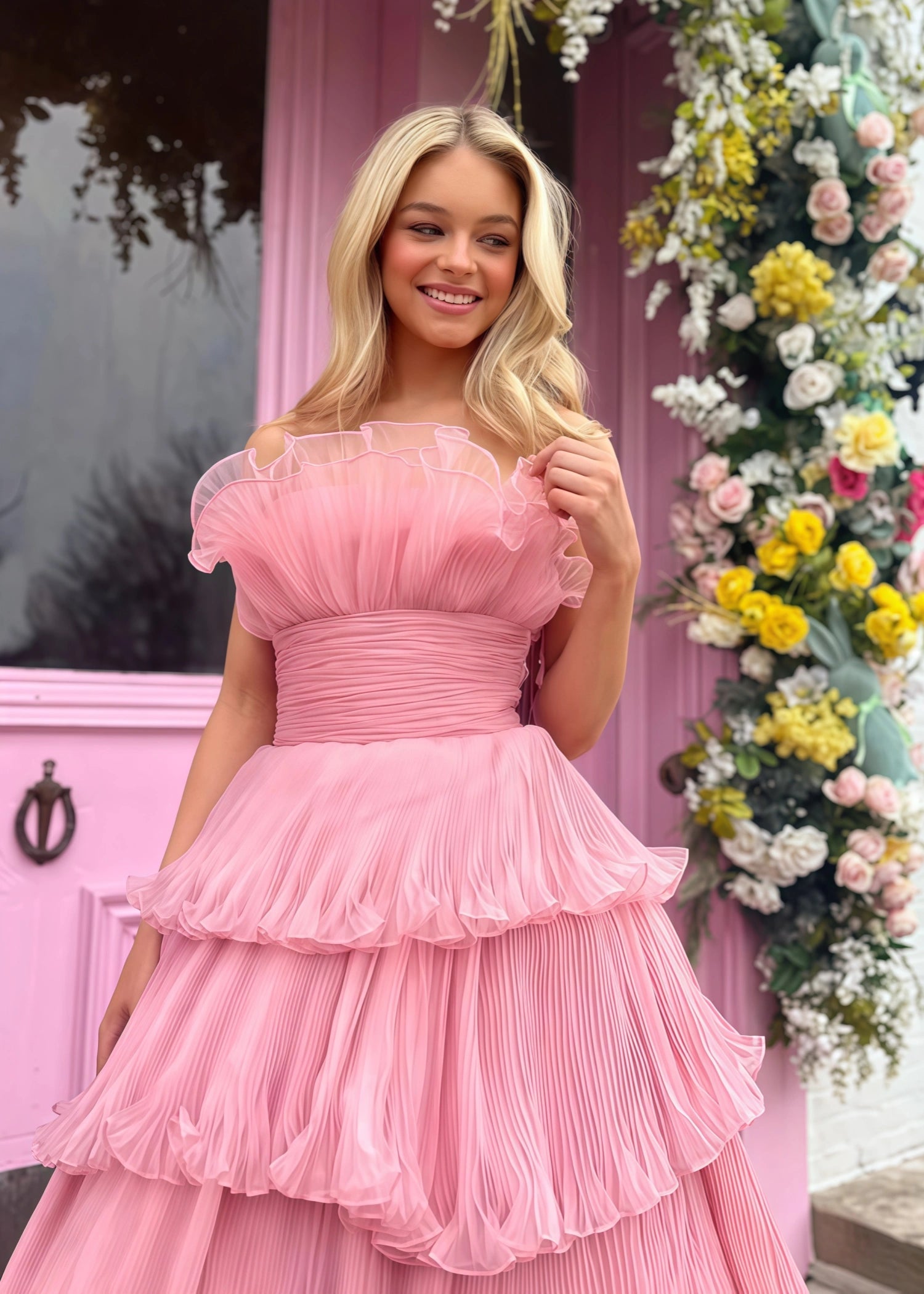 Joanna |A - Line Strapless Tiered Crinkled Pink Tulle Prom Dress With Tiered Ruffles - Dusty Pink - US0 - PromDressClub