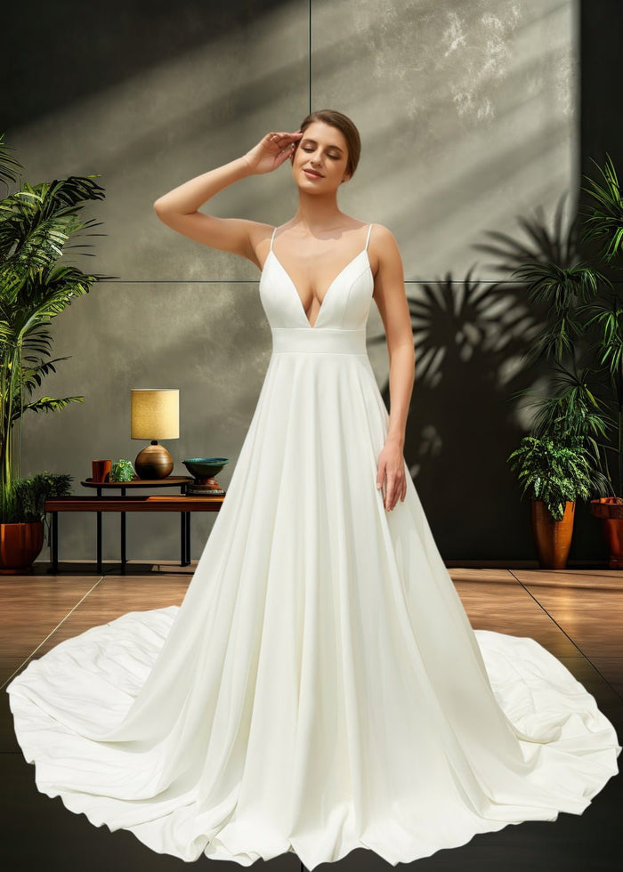 Joanne | Elegant Princess Satin V Neck Spaghetti Strap Wedding Dress with Court Train for Outdoor Weddings - Ivory - PromDressClub