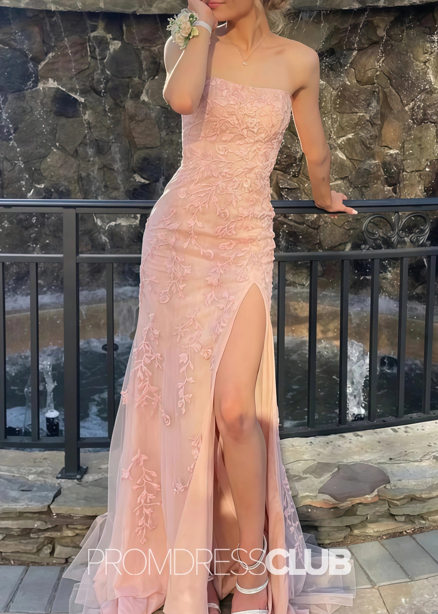 Joanne |Light Pink Long Prom Dresses Store With Strapless Lace Appliques Mermaid Scoop Side Slit - Light Pink - US0 - PromDressClub