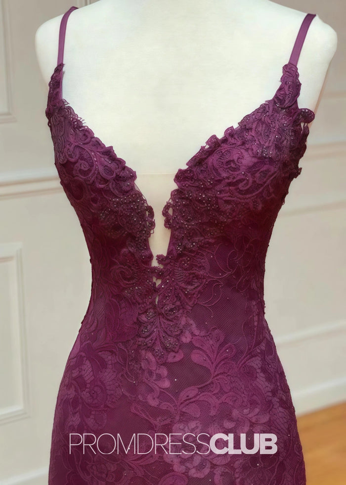 Jodie |Long Burgundy Prom Dresses Shops With Lace Spaghetti Straps V - Neck Mermaid Slit - Price #price_variant_lowest# - Burgundy - PromDressClub