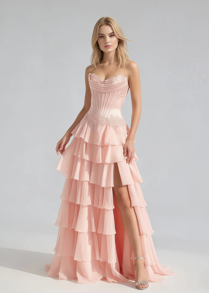 Jora Corset Pink Prom Dress with Ruffles | A - Line Strapless Appliques Lace Formal Dress with Slit - Pink - PromDressClub