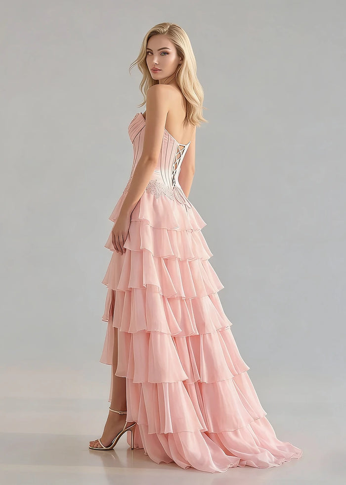 Jora Corset Pink Prom Dress with Ruffles | A - Line Strapless Appliques Lace Formal Dress with Slit - Pink - PromDressClub