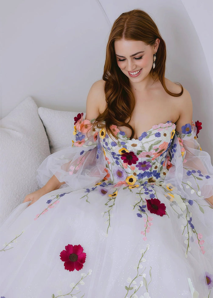 Josephine | Exquisite White Flower Strapless Long Sleeve Corset Wedding Dress - White Floral - PromDressClub