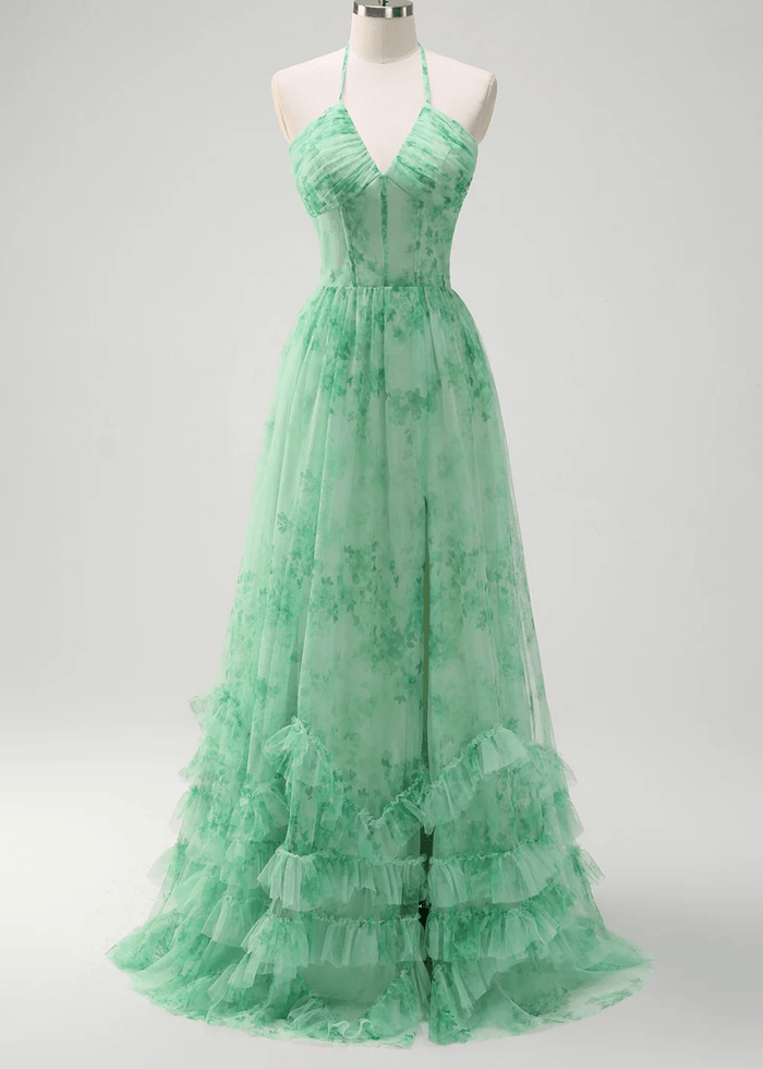 Josephine | Green Floral Corset Ruffles A - Line Long Prom Dress - Price #price_variant_lowest# - Green Floral - PromDressClub