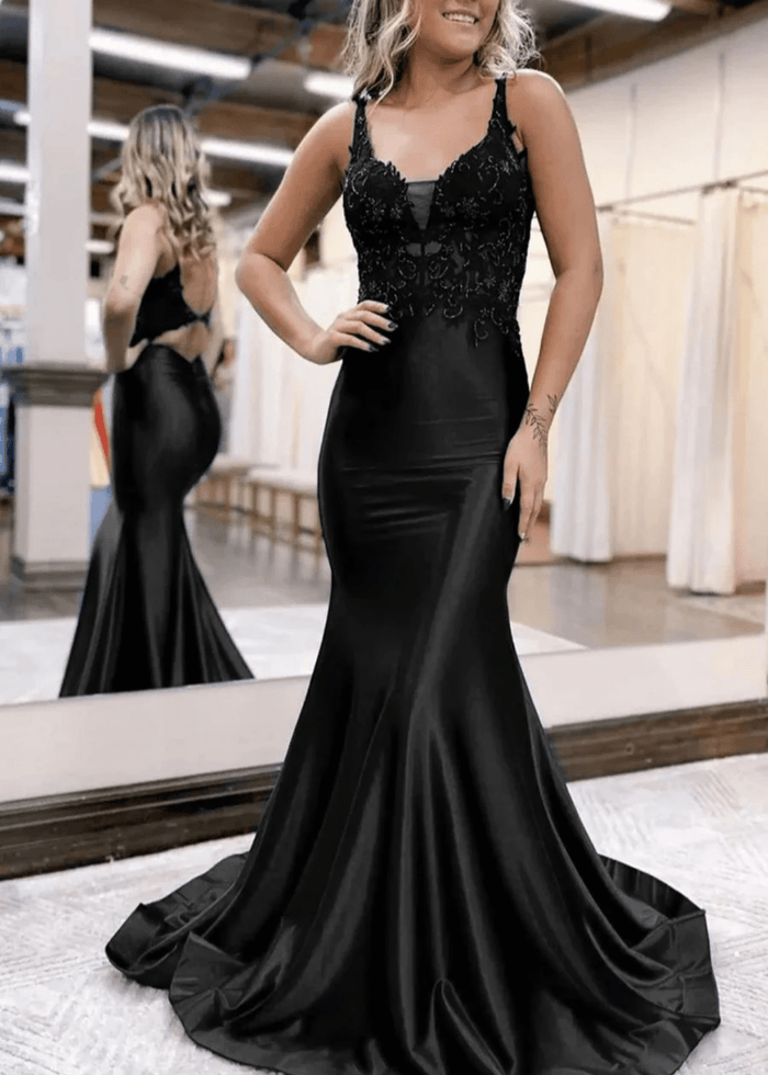 Josephine | Mermaid Navy Blue Black V Neck Corset Backless Lace Satin Formal Dress - Black - PromDressClub