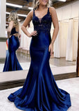 Josephine |Mermaid Deep V Neck Royal Blue Satin Long Prom Dress with Appliques - Royal Blue - US0 - PromDressClub