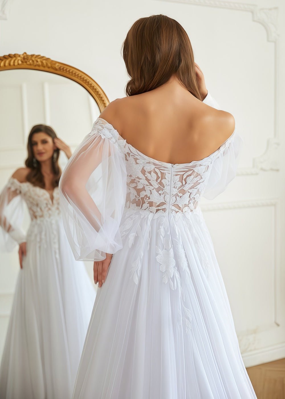 Josephine | Off the Shoulder Long Puff Sleeve Lace Tulle Wedding Dress with Court Train and Applique - White - PromDressClub
