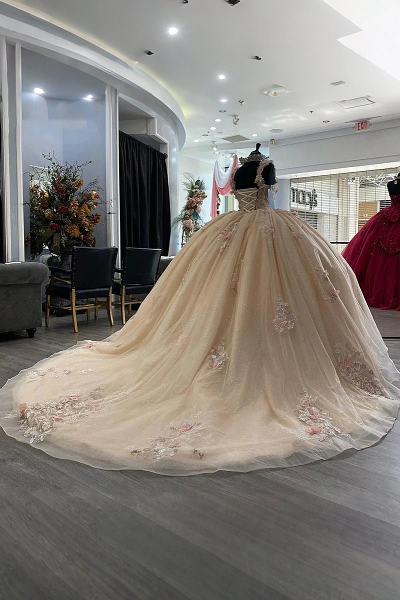 Joyce | Discover Our Floral Champagne Quinceañera Dresses - Shine at Your Big Day! - Champagne - PromDressClub