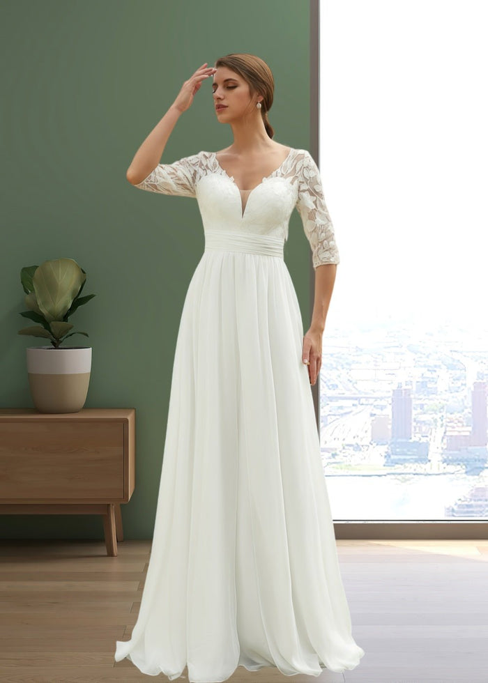 Judith | Elegant Boho V Neck Lace Half Sleeve Chiffon Wedding Dress with Floor Length - White - PromDressClub