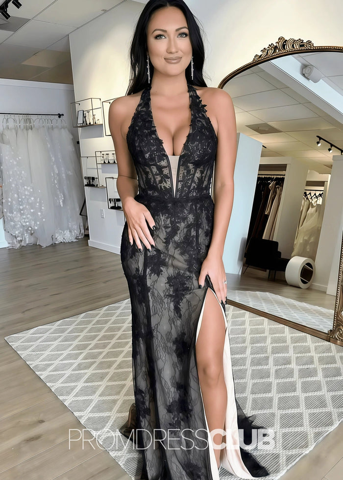 Judith |Long Plus Size Black Prom Dresses Shops With Halter V - Neck Lace Appliques Mermaid Slit - Price #price_variant_lowest# - Black - PromDressClub