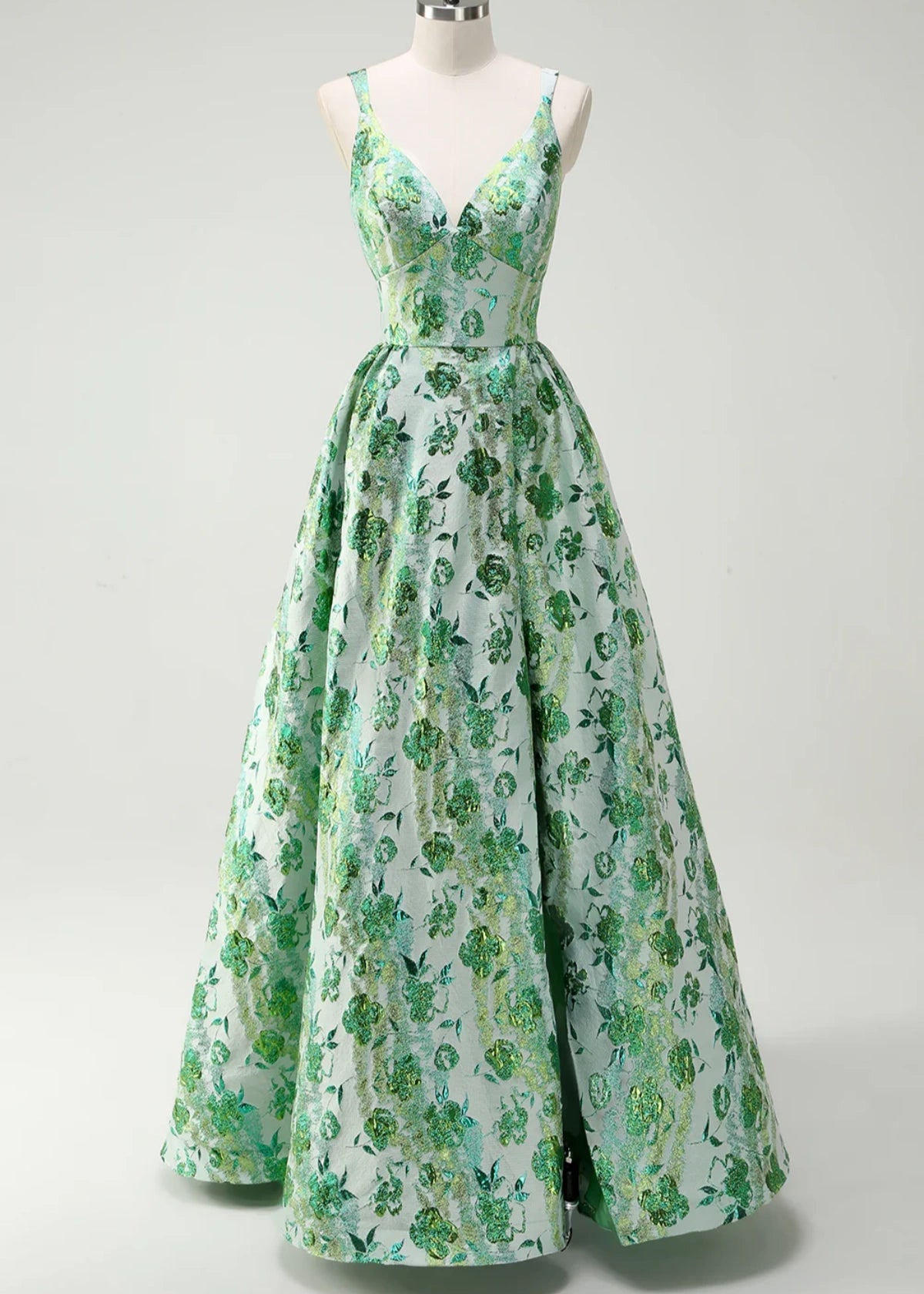 Judith | Sparkly Green Floral Spaghetti Straps Long Prom Dress - Green Floral - PROMDRESS Club