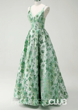 Judith | Sparkly Green Floral Spaghetti Straps Long Prom Dress - Green Floral - PROMDRESS Club