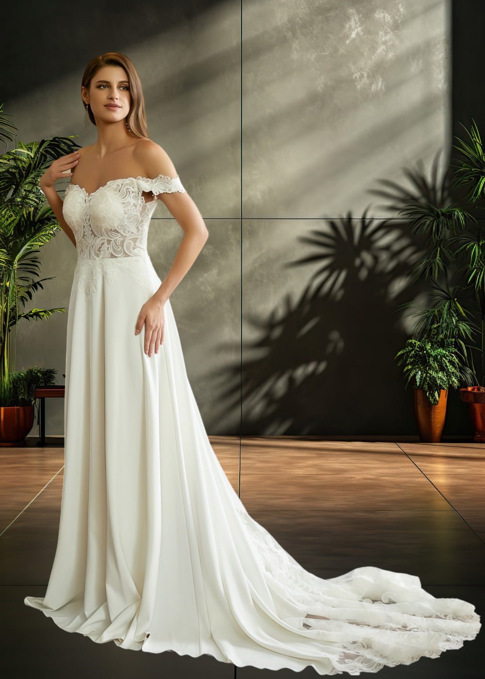 Judy | A Line Off the Shoulder Corset Lace and Satin Ivory Wedding Dress with Court Train - Ivory - PromDressClub