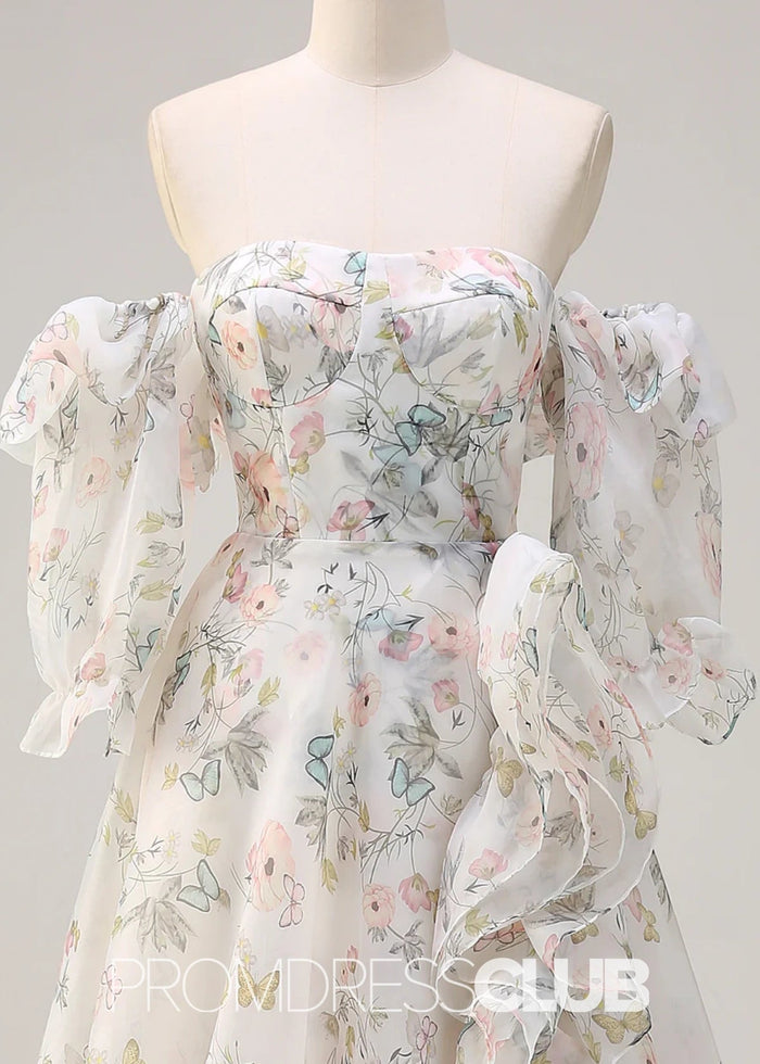 Judy | A Line White Floral Ruffle Slit Long Prom Dress - Price #price_variant_lowest# - White Floral - PromDressClub