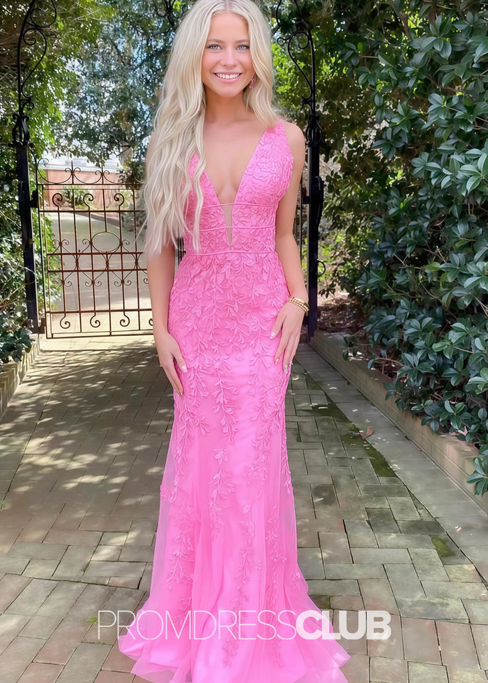 Judy |Long Pink Prom Dresses Near Me With Deep V - Neck Straps Lace Appliques Mermaid - Price #price_variant_lowest# - Pink - PromDressClub