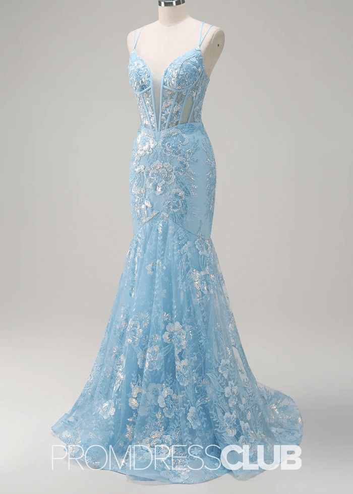 Julia | Sparkly Light Blue Sequin Mermaid Corset Long Prom Dress - Price #price_variant_lowest# - Light Blue Floral - PromDressClub