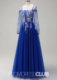 Julie | A - Line Cold Shoulder Sparkly Royal Blue Long Prom Dress - Royal Blue - PROMDRESS Club