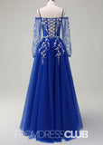 Julie | A - Line Cold Shoulder Sparkly Royal Blue Long Prom Dress - Royal Blue - PROMDRESS Club