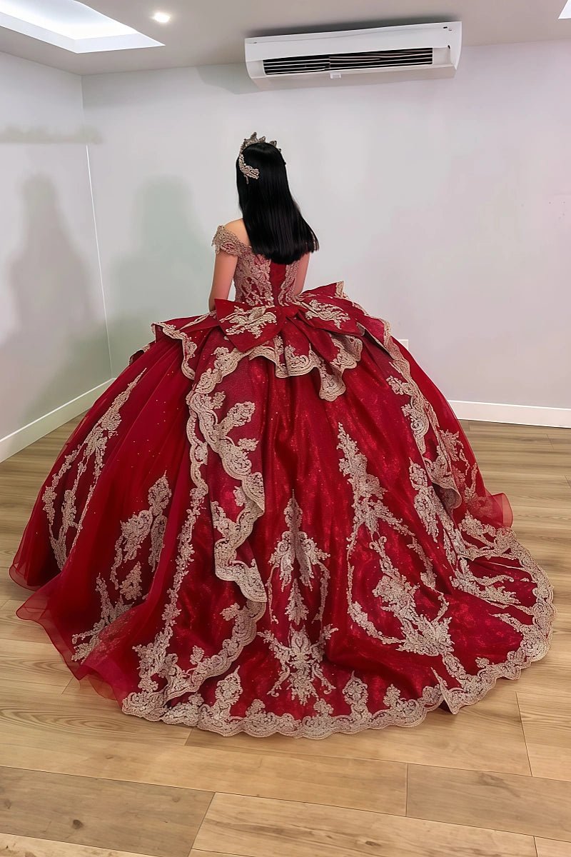 Julie | Shop Elegant Red Quince Dresses with Gold Accents - Flawless Ball Gowns - Red - PromDressClub