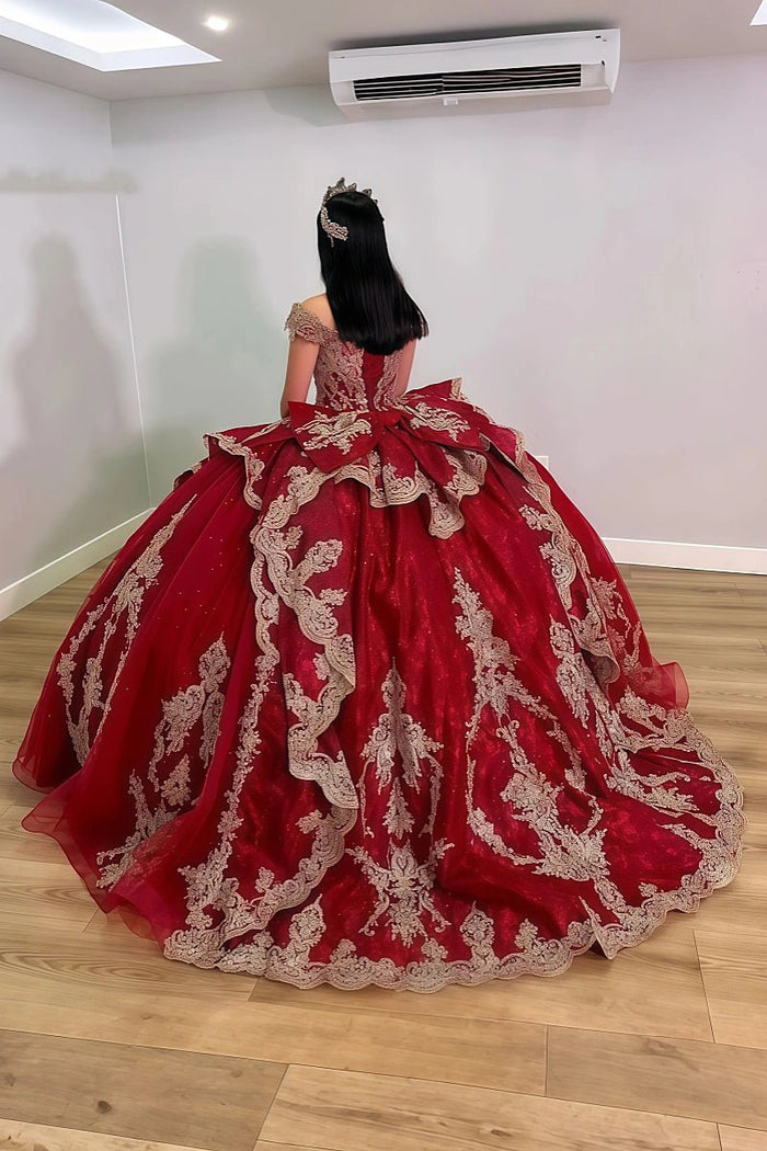 Julie | Shop Elegant Red Quince Dresses with Gold Accents - Flawless Ball Gowns - Red - PromDressClub