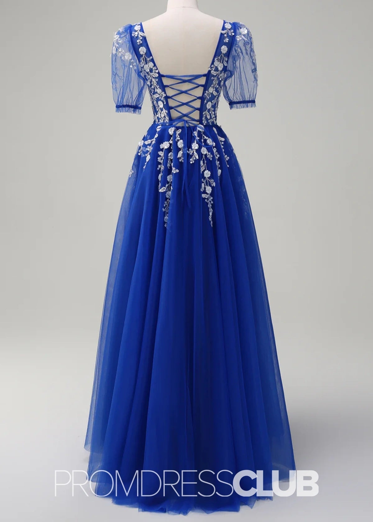 Juliet | Sparkly Blush Short Sleeves Tulle Long Prom Dress - Royal Blue - PROMDRESS Club